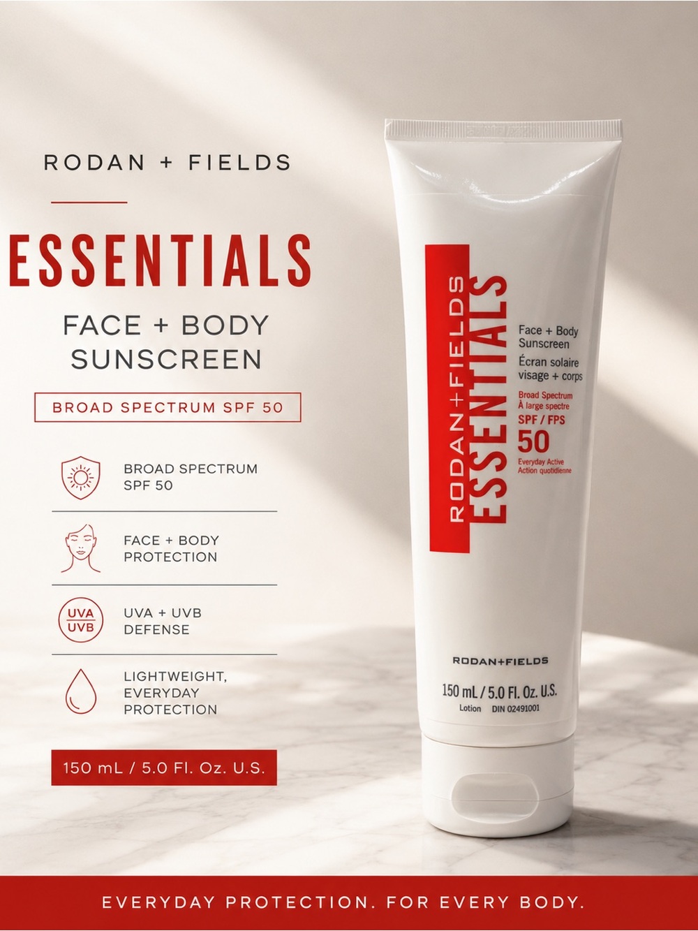 Rodan + Fields Essentials SPF 50 Face + Body Sunscreen 5 oz New